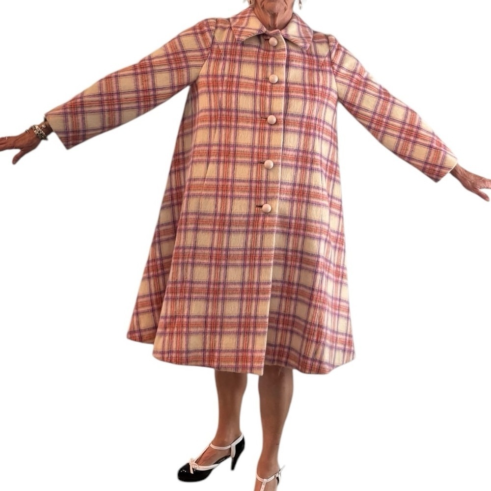 Vintage 1950s Louis Goldstein Plaid Pink Women's Wool Dress Coat Medium - Picture 16 of 16